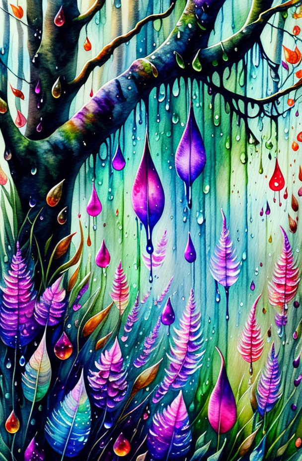 Colorful forest scene with teardrop shapes and dew droplets.