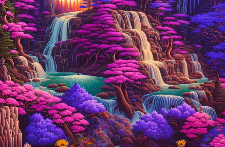 Fantastical landscape with cascading waterfall and glowing flora