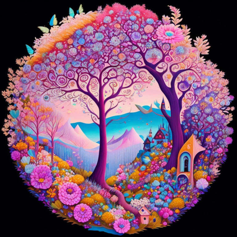 Colorful circular artwork featuring whimsical trees, flowers, and fantasy elements.