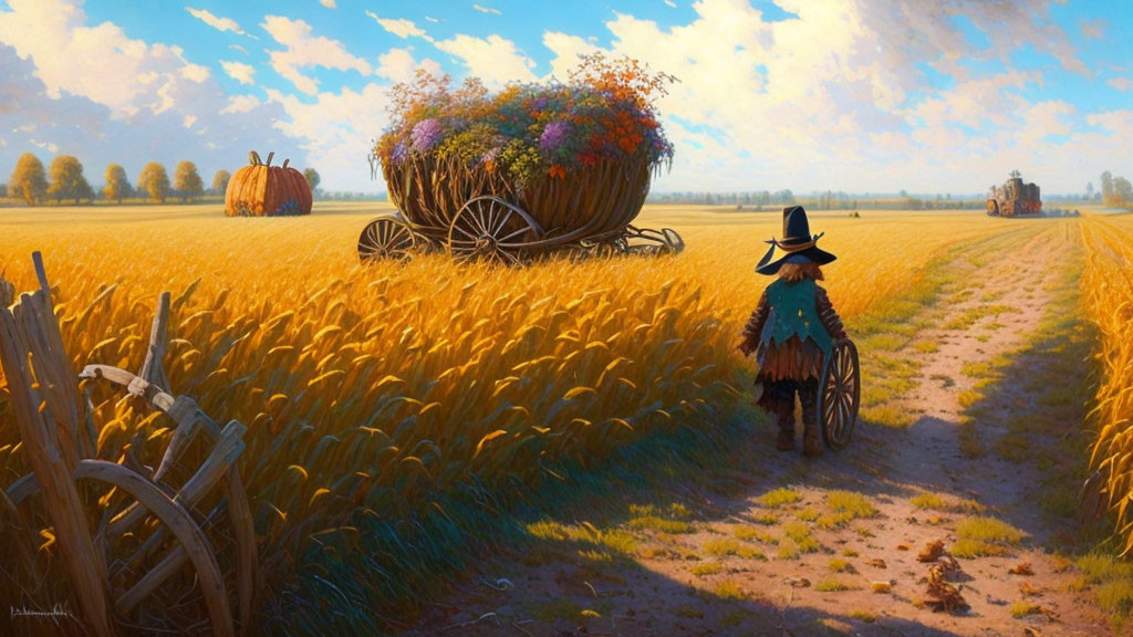 Golden wheat field painting with cart, scarecrow, pumpkin, and farmhouse under blue sky