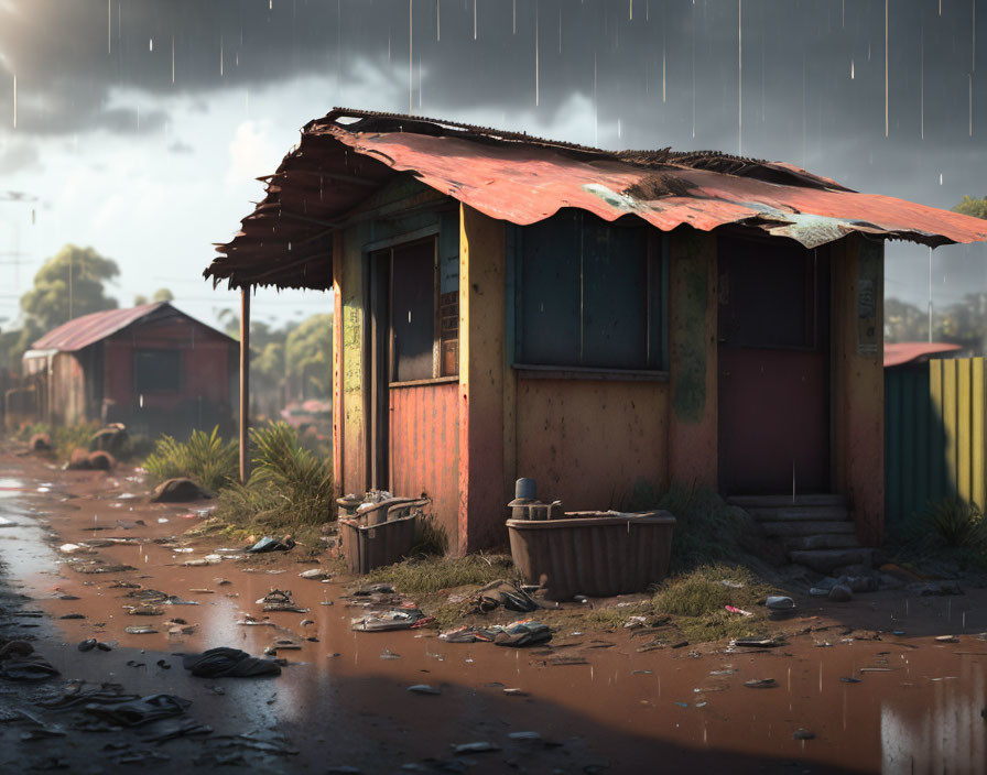 Weathered shack with rusty roof in desolate, muddy setting under gloomy sky.