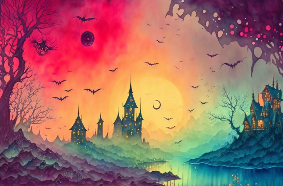 Whimsical landscape art with castles, bats, moon, and vibrant sky