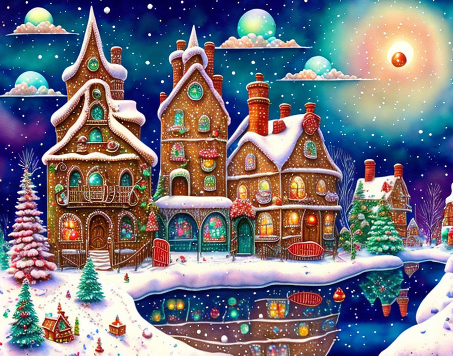 Charming gingerbread house scene with festive lights, snow, moon, and candy cane path