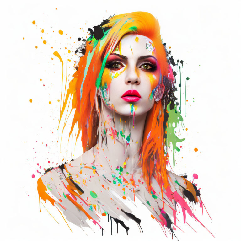 Colorful portrait of a woman with striking makeup and paint splashes.