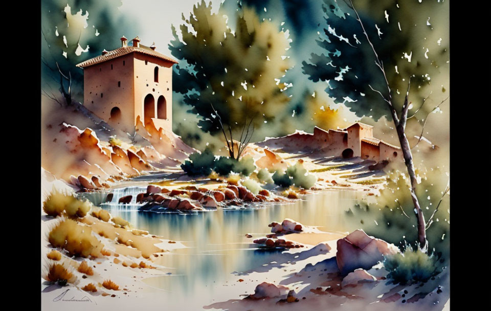 Serene river landscape with old stone building