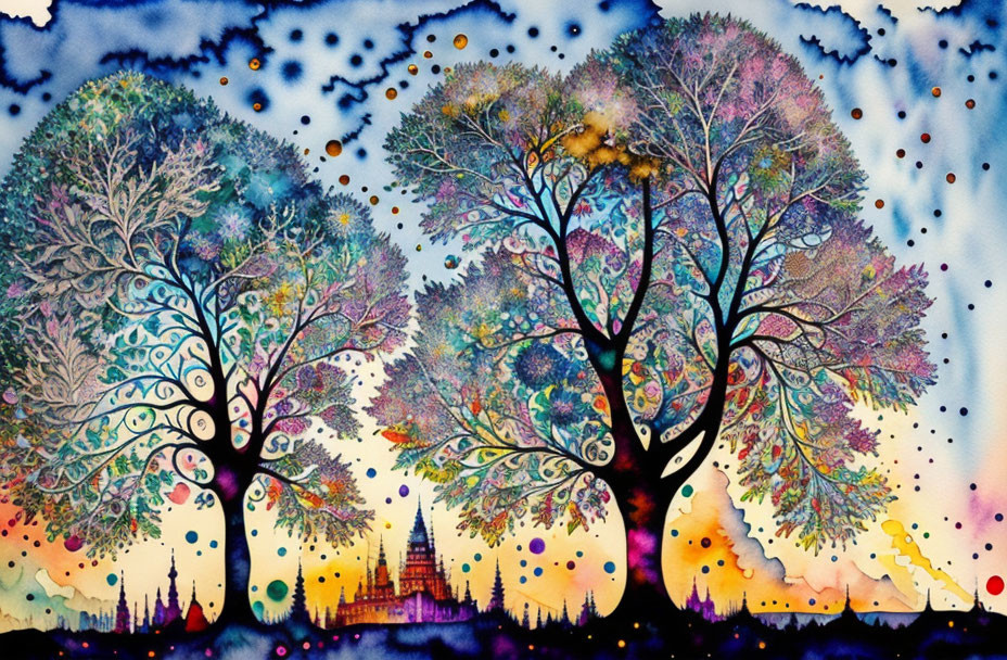 Vibrant painting of intricate trees against colorful backdrop