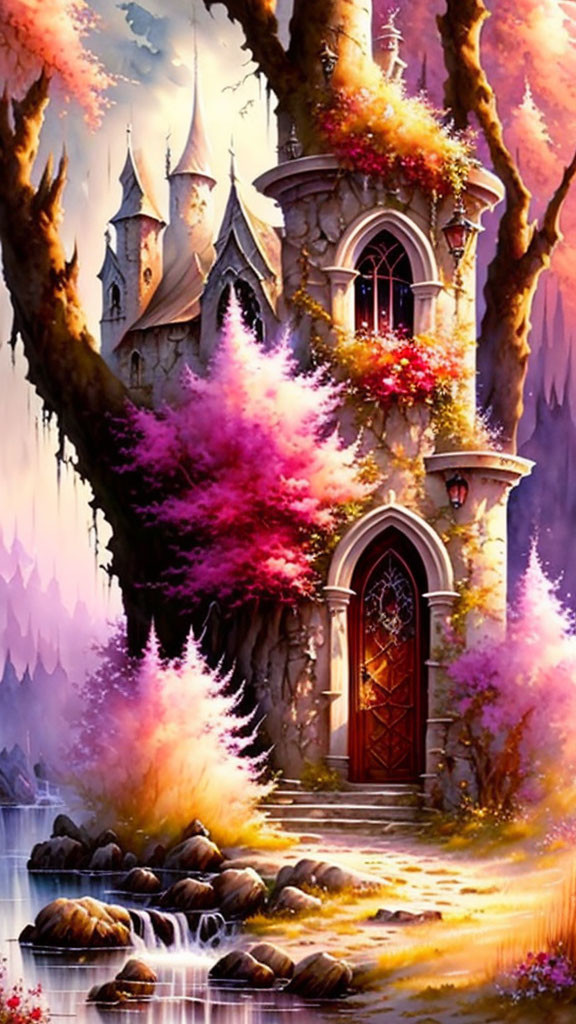 Fantasy castle with pink and purple flora under twilight sky