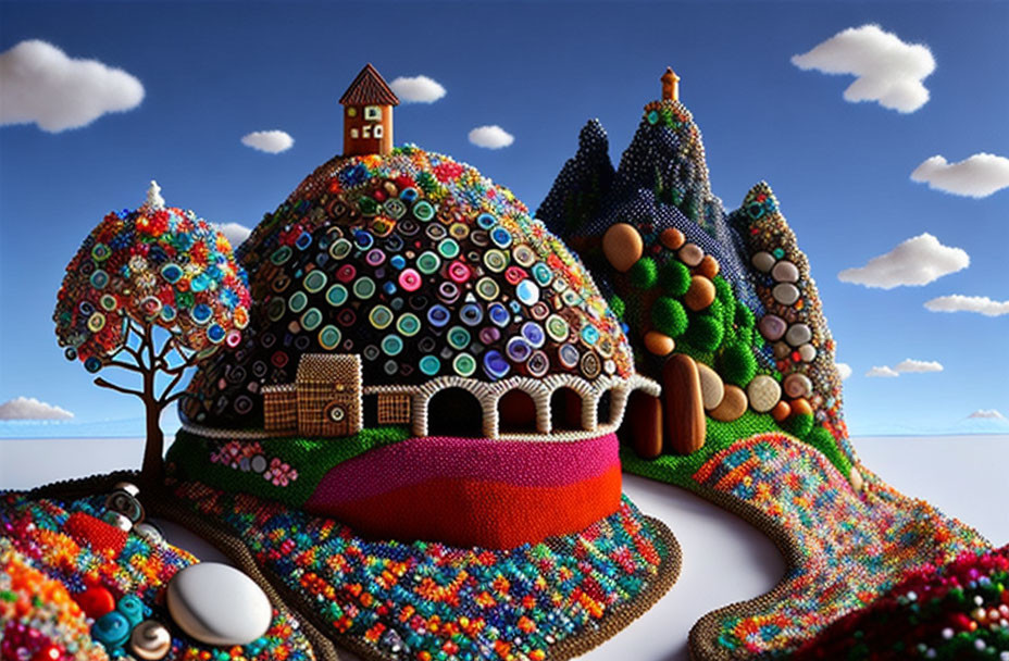 Colorful Textured Landscape with Button and Bead Village