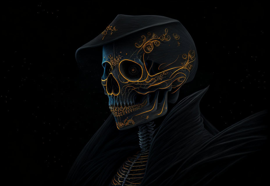 Stylized skull with gold patterns on dark background and skeletal neck.