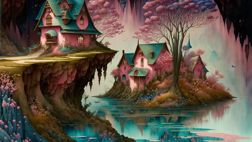 Vibrant fantasy landscape with quirky houses on a cliff