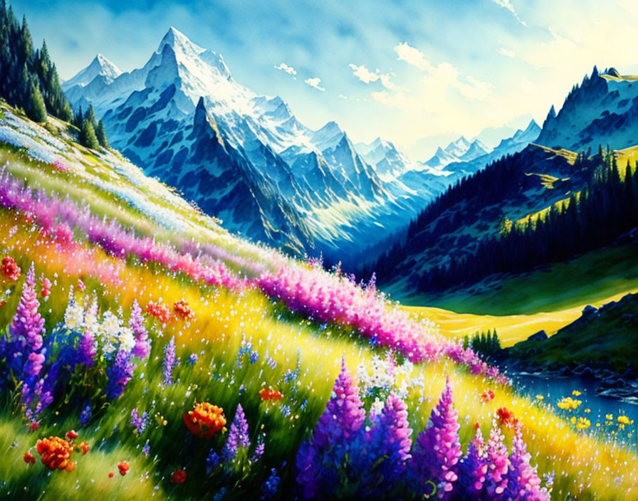 Colorful Mountain Landscape with Flower Meadow and Snow-Capped Peaks