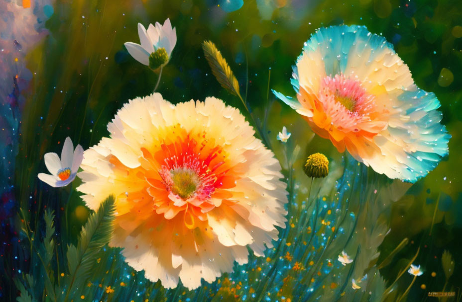 Colorful digital painting: Blooming flowers in yellow and orange on a dreamy green field.