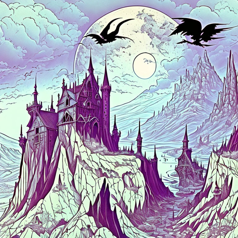 Gothic castle on rugged cliffs under moon with birds in purple sky