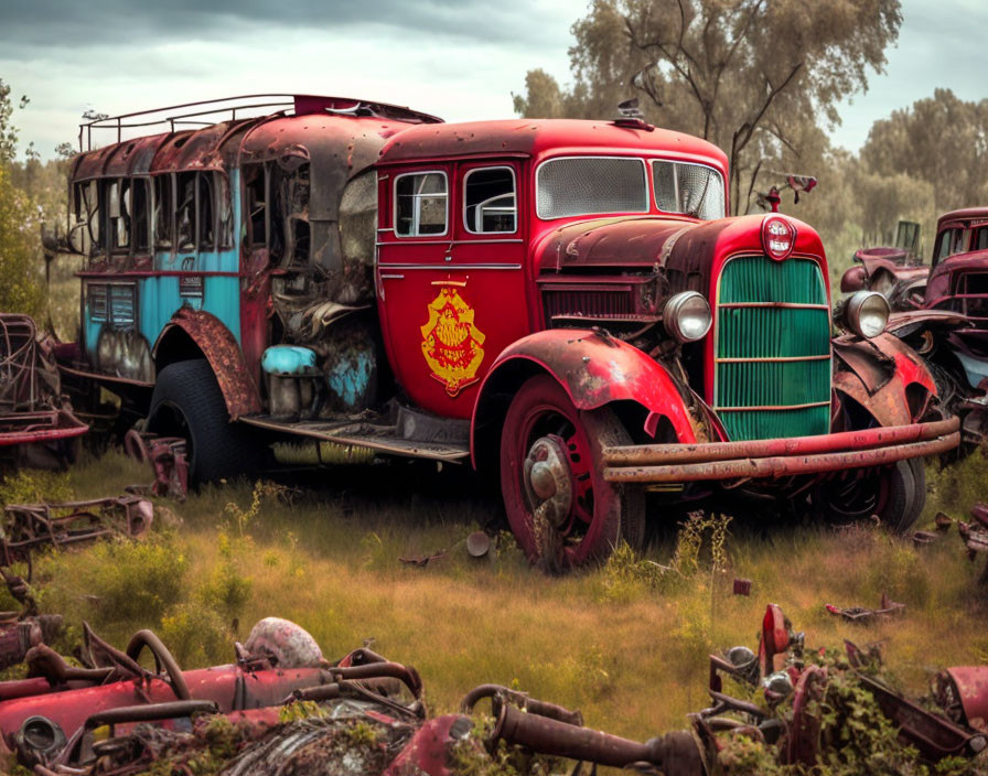 Abandoned vintage buses with peeling paint in grassy field