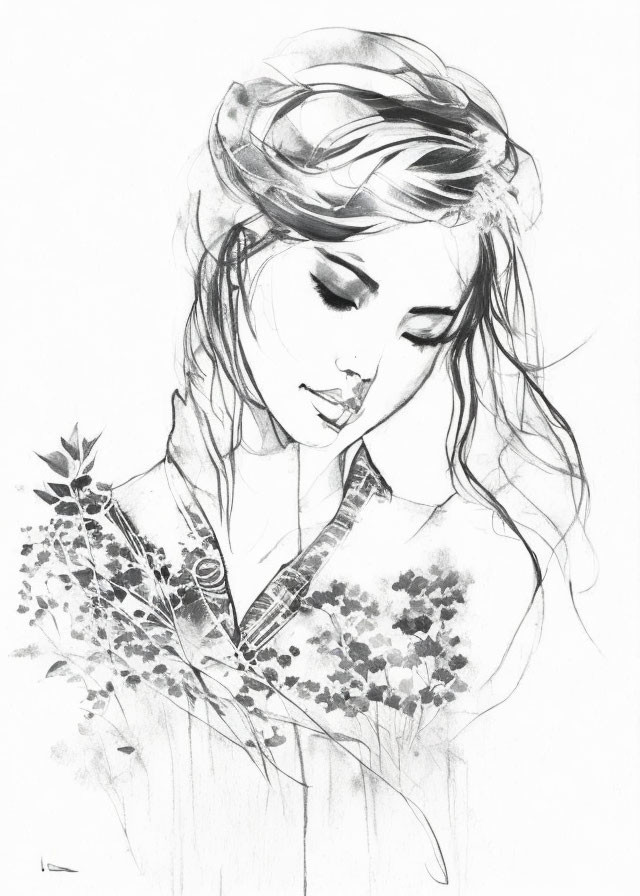 Dreamy woman with flower-adorned dress in pencil sketch