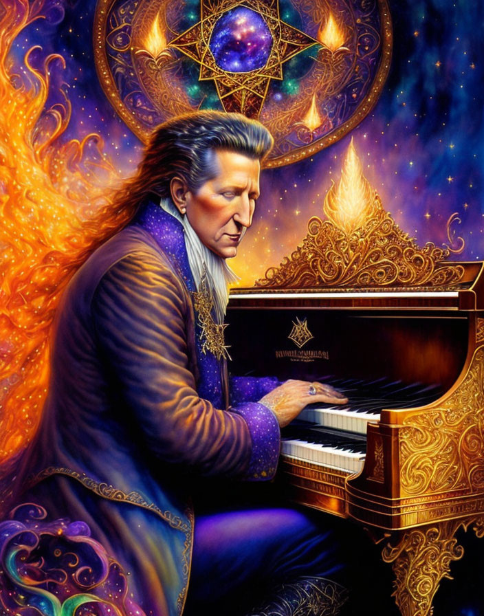 Man playing piano in mystical cosmic flames with celestial symbols