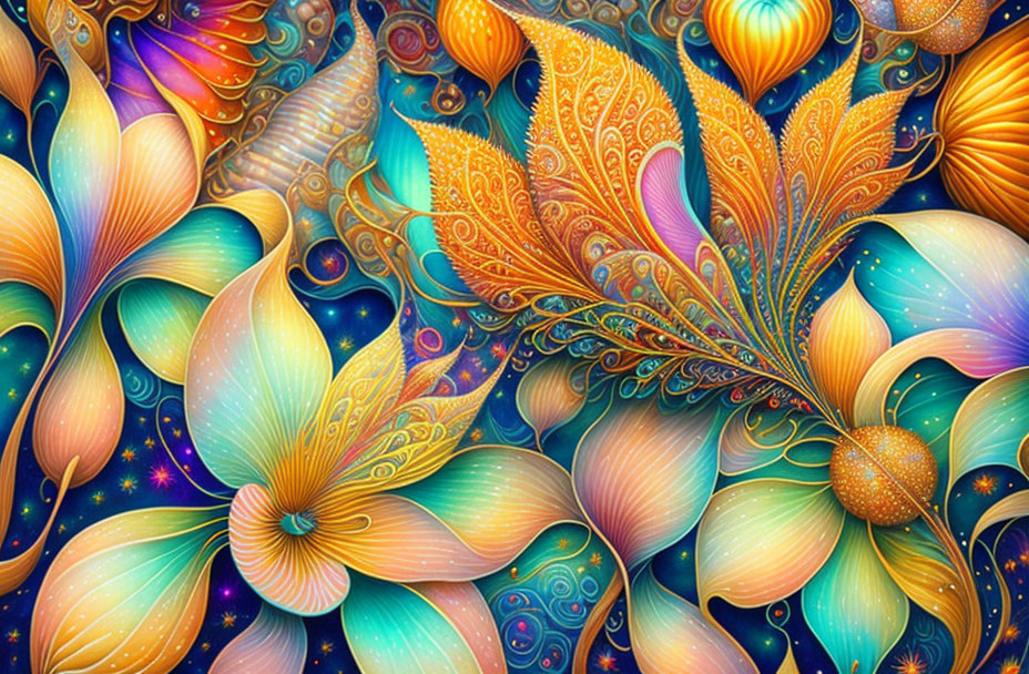 Colorful Digital Art: Ornate Feathers & Floral Patterns in Blue, Orange, Yellow