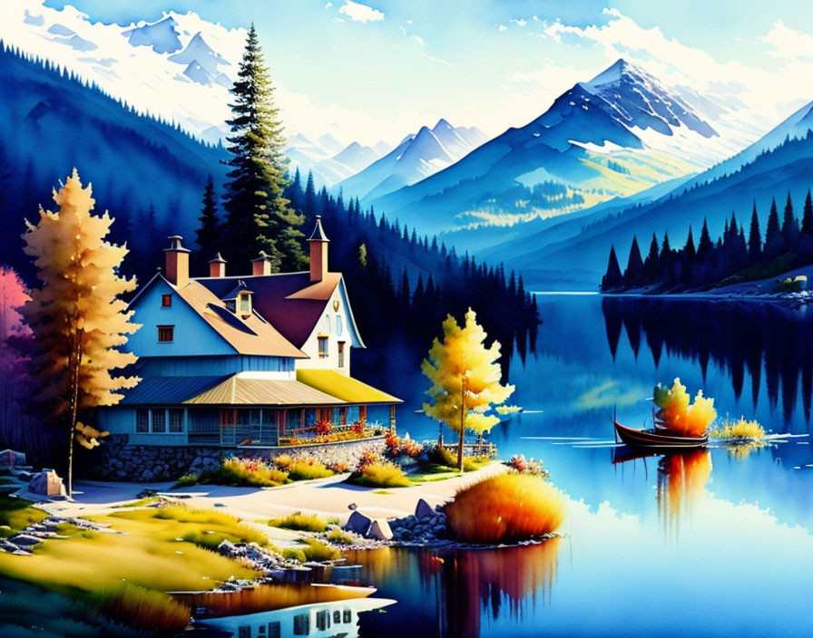 Tranquil lakeside cottage in autumn setting with boat and mountains