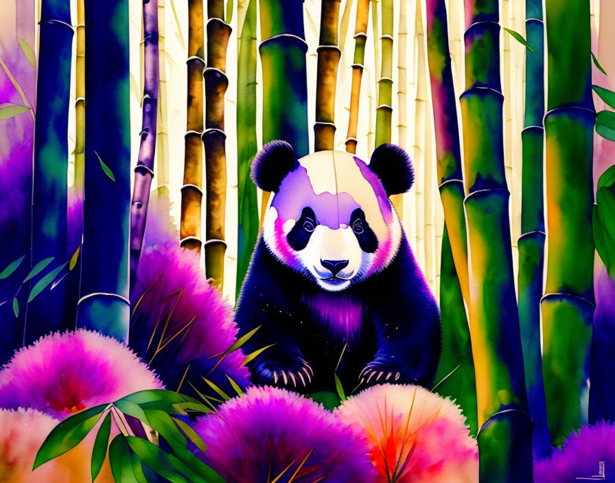 Colorful Panda Illustration Among Bamboo and Foliage