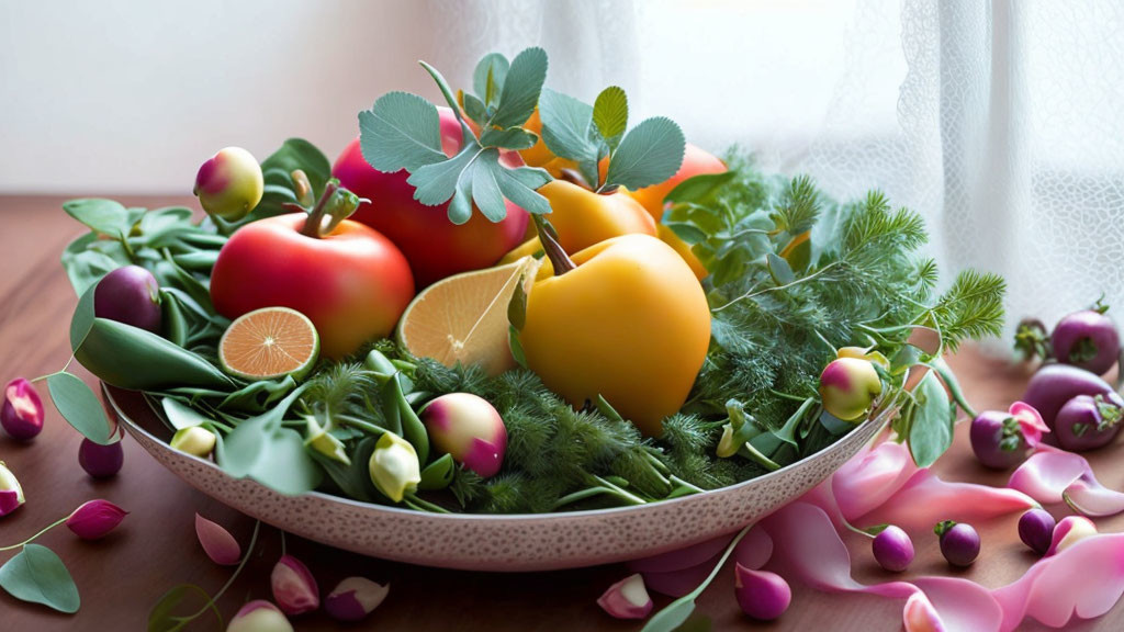 Vibrant fruits and vegetables with green leaves on wooden surface