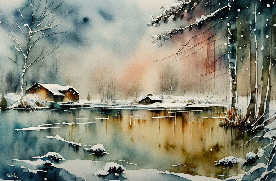 Tranquil winter watercolor scene with snow, river, houses, trees