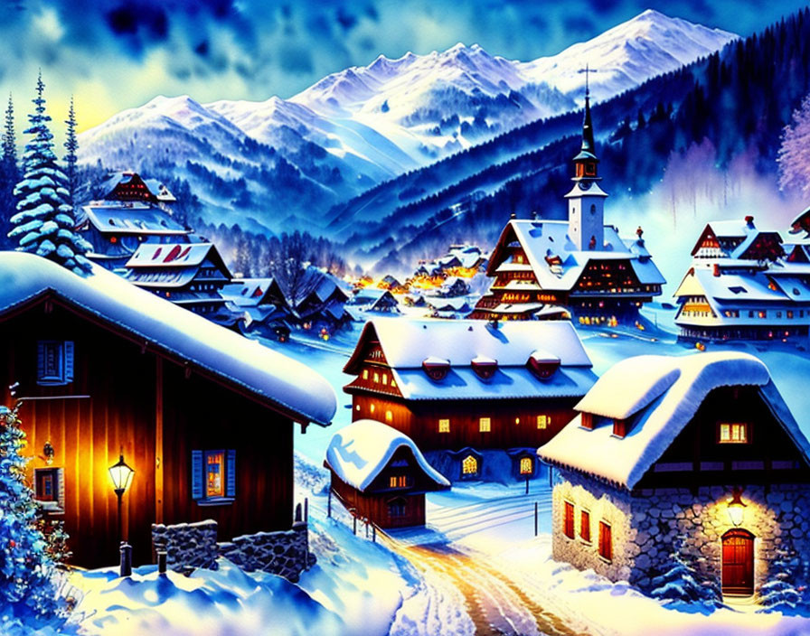 Snow-covered winter village with church spire, mountains, and glowing lights