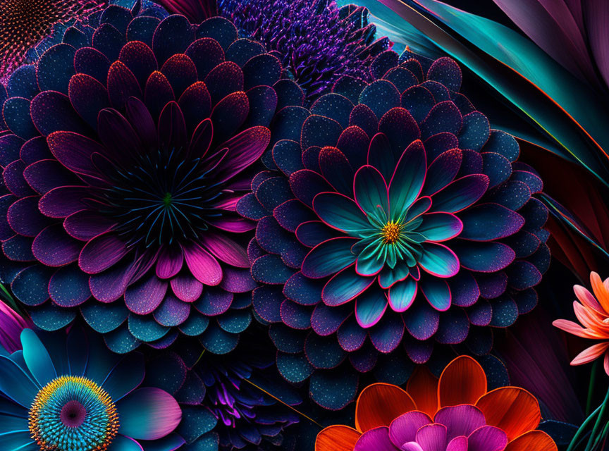 Colorful Digital Art: Stylized Multicolored Flowers in Vibrant Palette