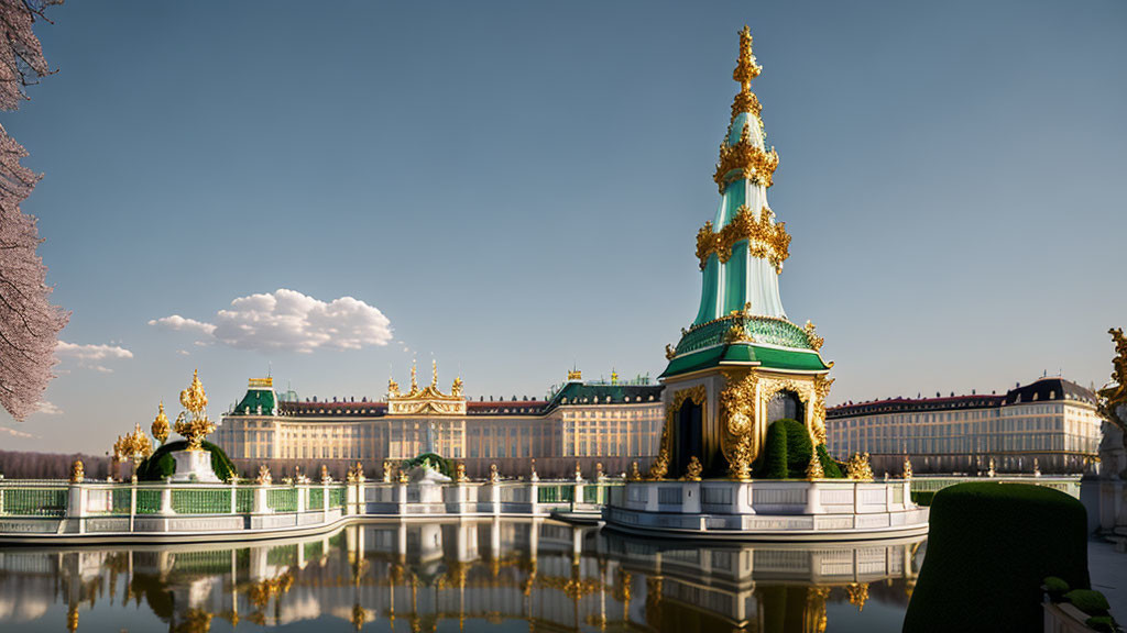 Baroque palace with golden spires reflected in serene water