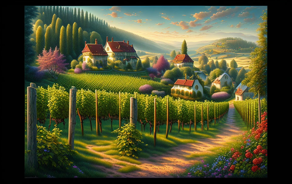 Rural landscape with vineyards, houses, trees, and hills at sunset