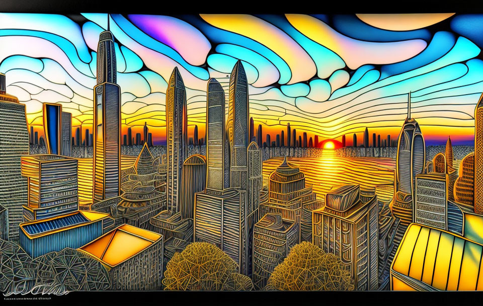 Colorful sunset cityscape with wavy sky and golden hues over patterned buildings