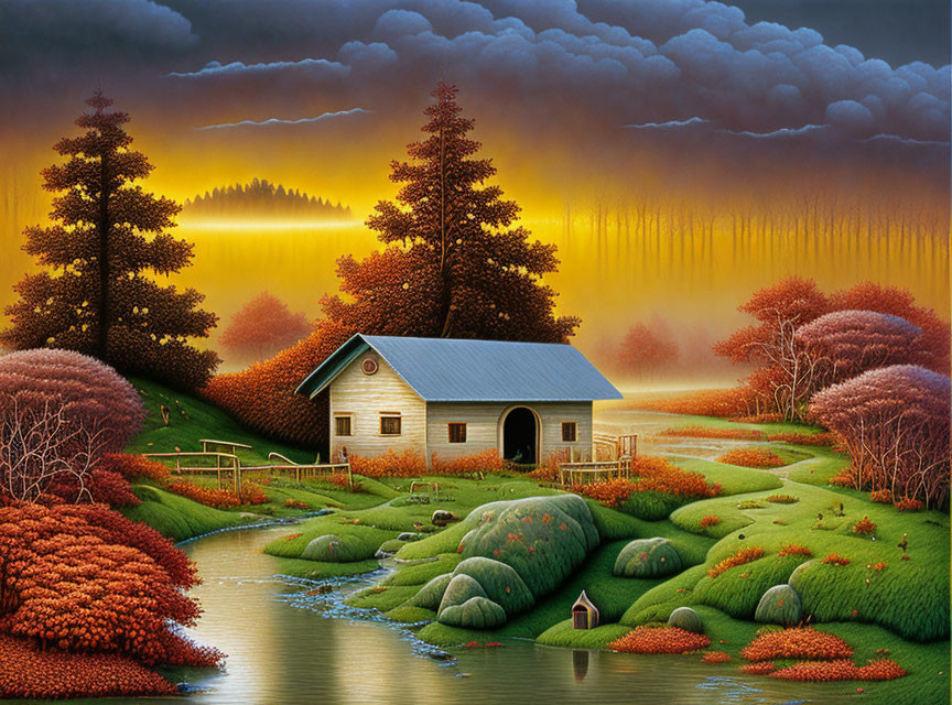 Scenic autumn landscape with barn, river, and sunset