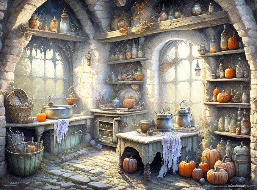 Rustic kitchen with stone walls, arched windows, pumpkins, kitchenware, and warm