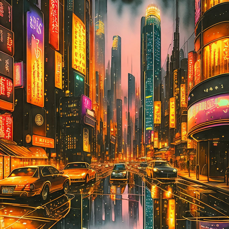 Neon-lit cityscape with futuristic skyscrapers at dusk