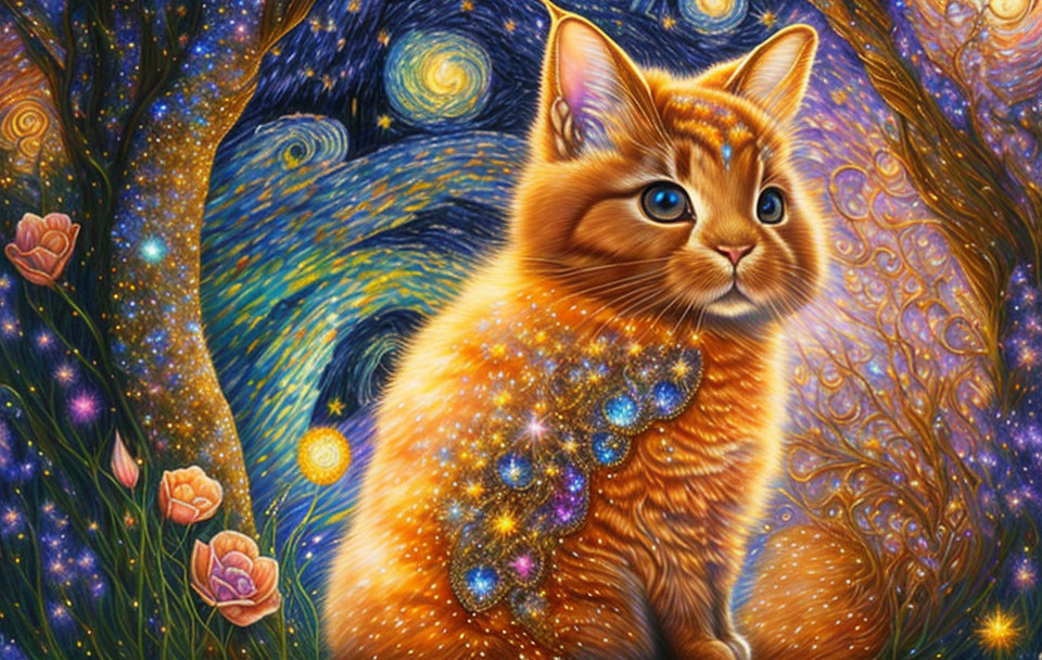 Colorful Cat Painting with Cosmic Starry Background and Flowers