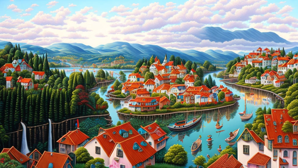 Colorful Landscape: Picturesque Village by River, Red-Roofed Houses, Lush Green