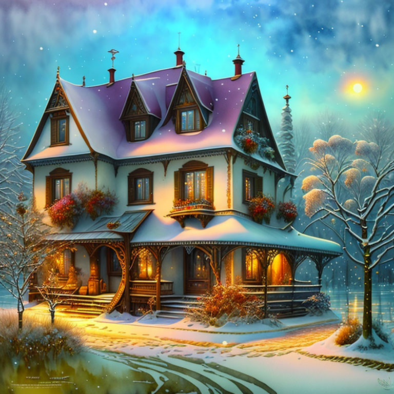 Victorian-style house in snowy twilight with balconies and glowing windows