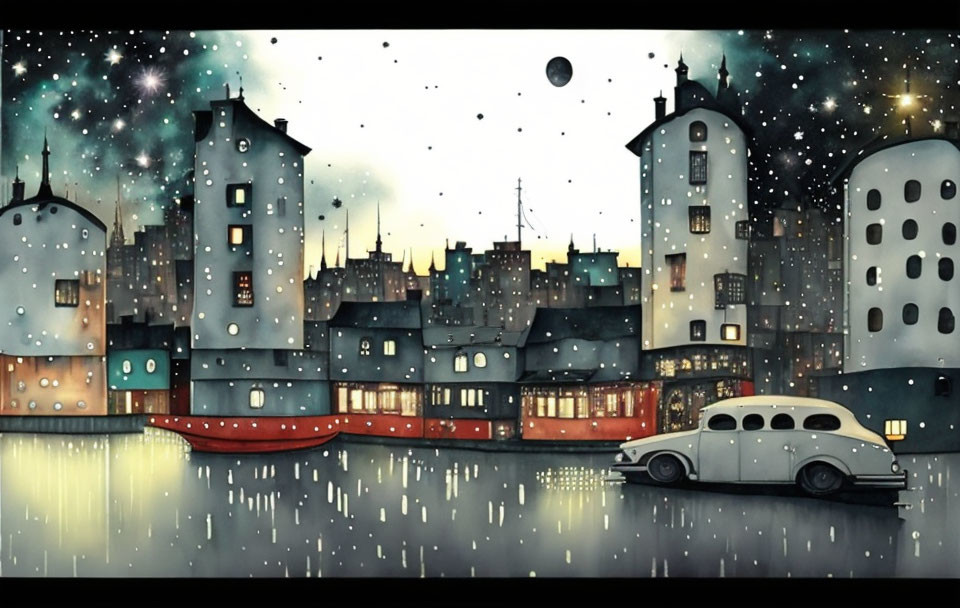 Illustrated night scene: town with houses, red boat, vintage car, starry sky, snow