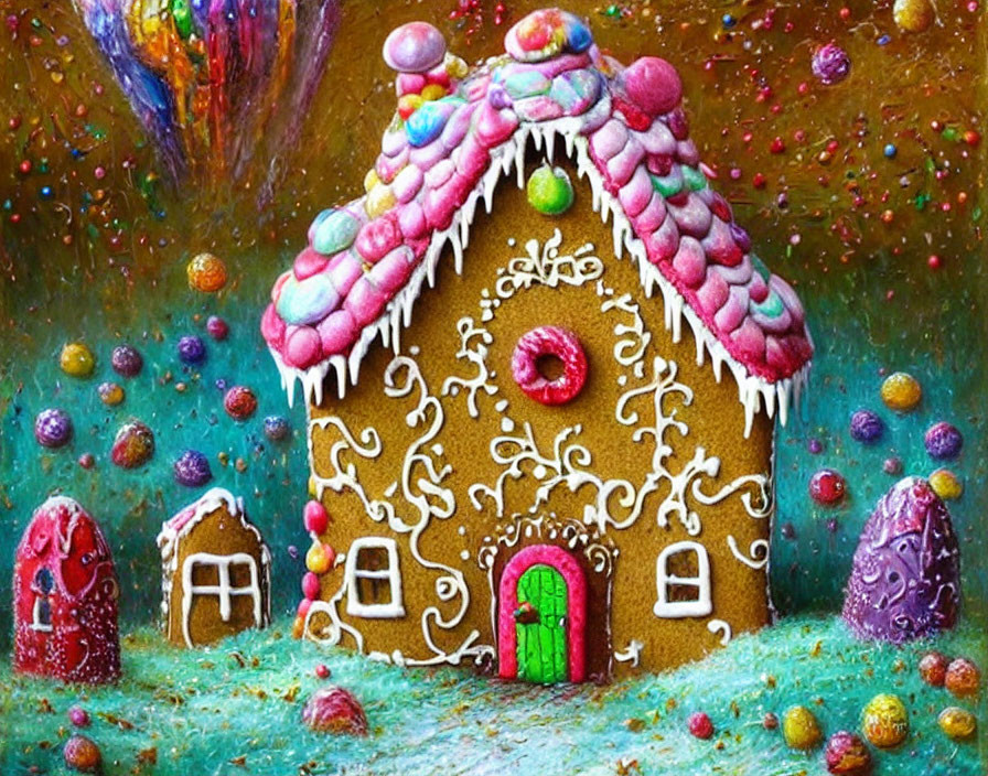 Colorful Gingerbread House with Candy and Icing Decoration