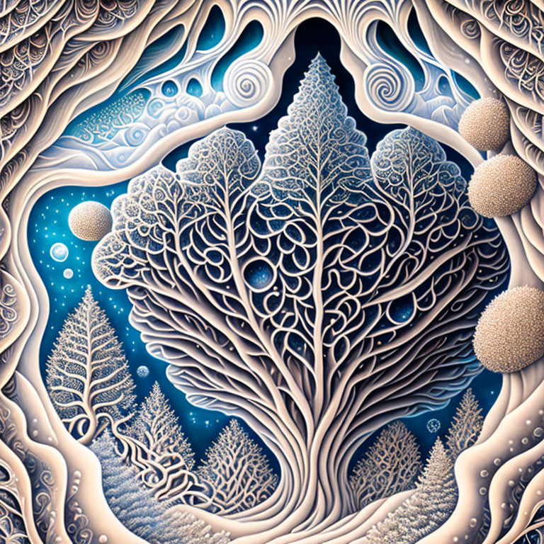 Surreal artwork with central tree and celestial elements