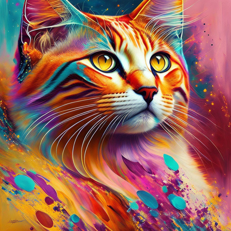 Colorful digital artwork: Detailed cat with yellow eyes in neon abstract background