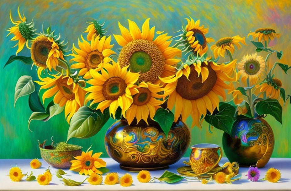 Colorful Sunflower Painting with Vases and Scattered Petals