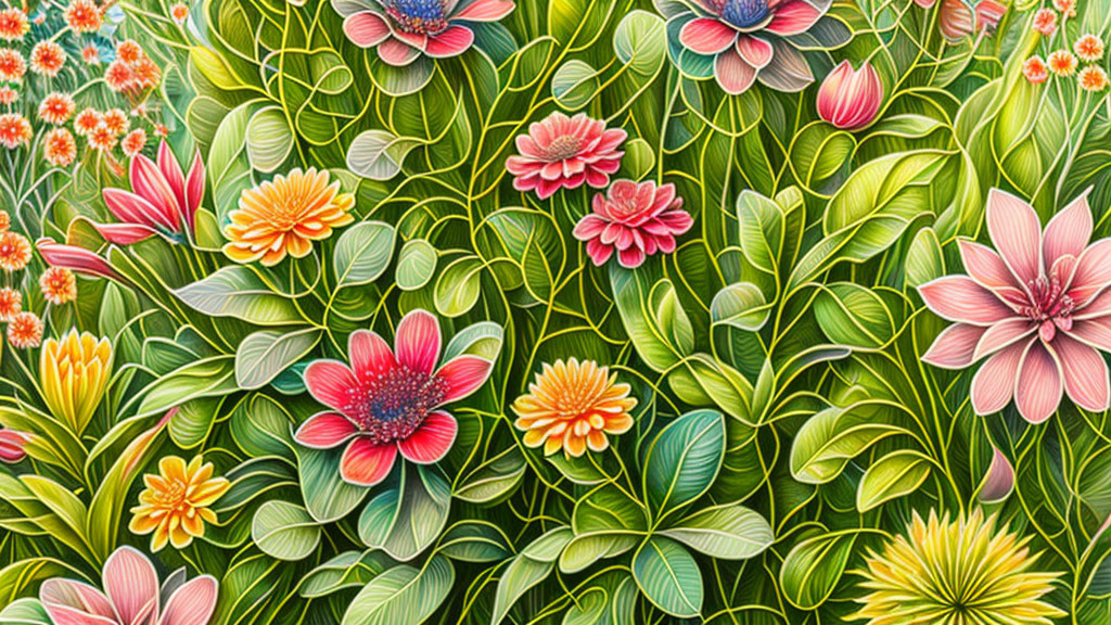 Colorful Flower Blossoms Among Lush Foliage Illustration