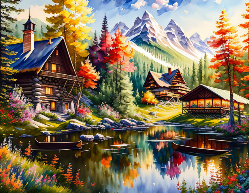 Scenic painting of log cabins by lake in autumn