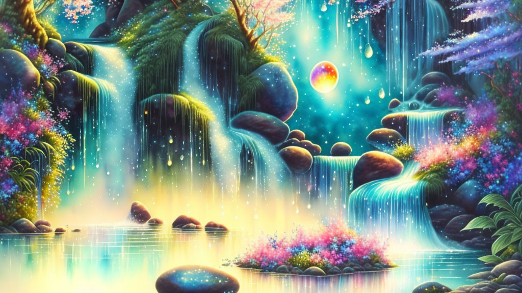 Fantastical landscape with luminous waterfalls and glowing orbs