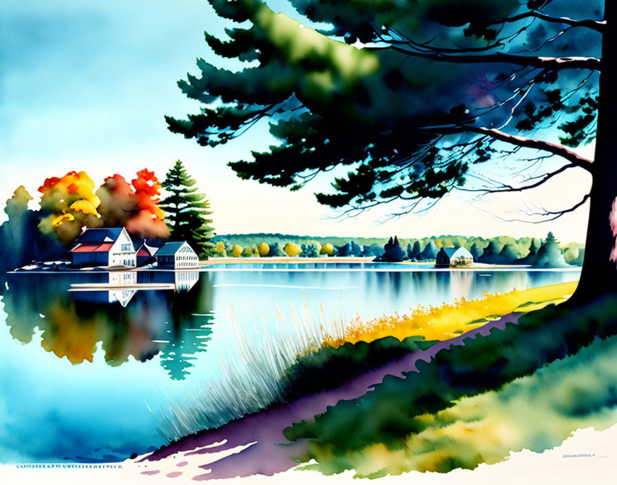 Serene lakeside watercolor painting with autumn trees and houses