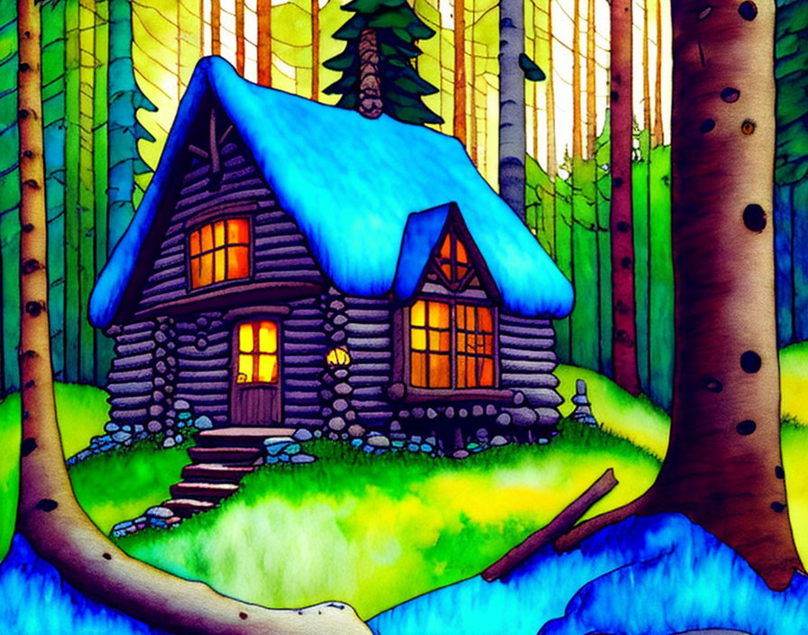 Vibrant Cottage Illustration in Whimsical Forest