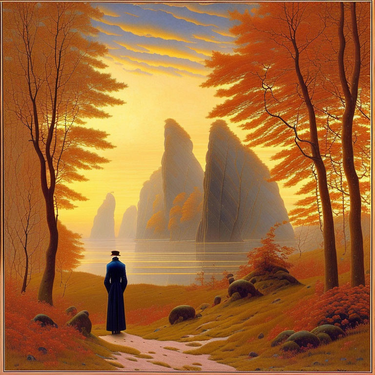 Serene lake scene with solitary figure and autumnal trees