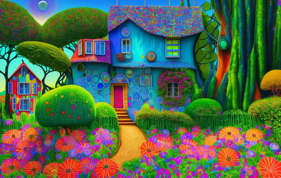 Colorful Whimsical Landscape with Blue Fantasy House & Oversized Flowers