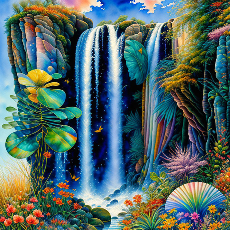 Colorful Tropical Waterfall Painting with Lush Foliage and Hidden Animals