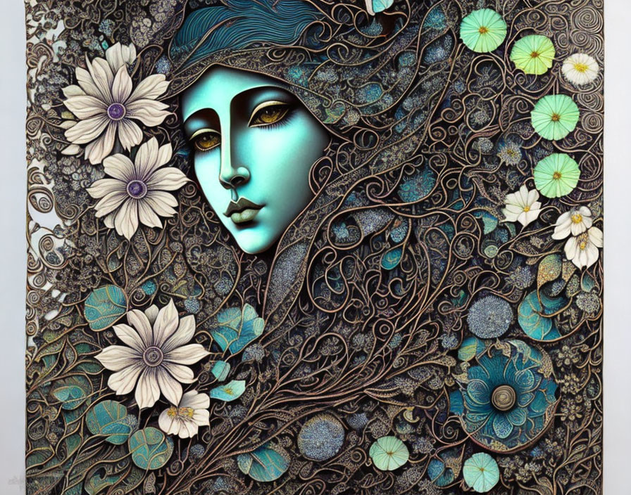 Detailed artwork of stylized female face with floral patterns in greens, blues, & earth tones